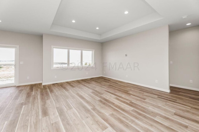 spare room with light hardwood / wood-style floors and a raised ceiling