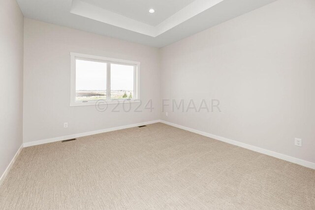 carpeted spare room with a tray ceiling