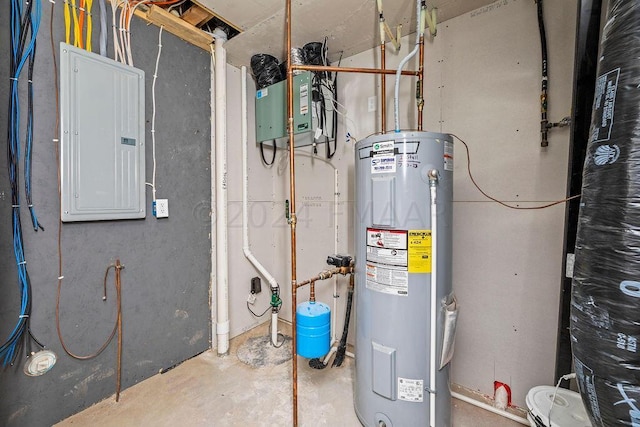 utility room with electric water heater and electric panel