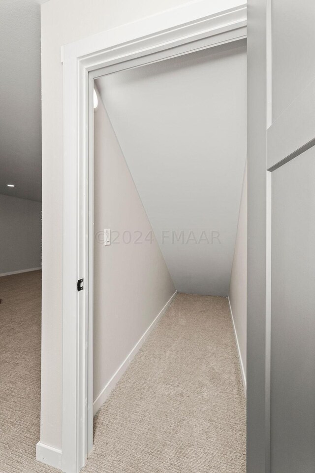 spacious closet with light carpet and vaulted ceiling