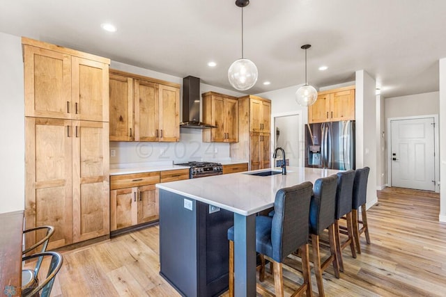 kitchen featuring appliances with stainless steel finishes, wall chimney exhaust hood, light wood-style floors, and a sink