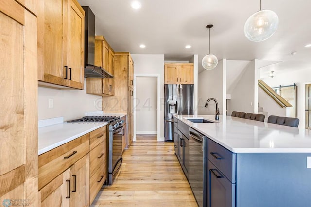 kitchen with light wood-style flooring, a large island with sink, a sink, appliances with stainless steel finishes, and wall chimney exhaust hood