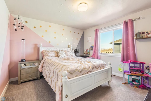 bedroom featuring lofted ceiling, carpet flooring, and baseboards