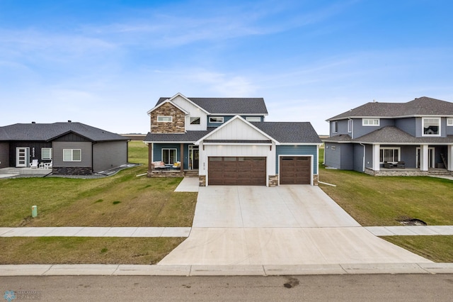 view of front facade with board and batten siding, a front yard, an attached garage, and stone siding
