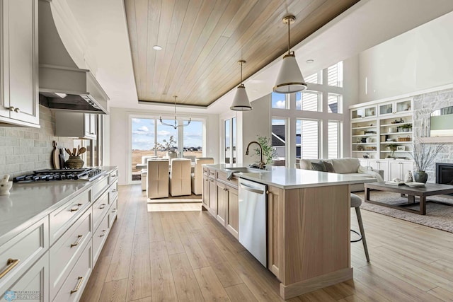 kitchen featuring a kitchen island with sink, a notable chandelier, light wood-style flooring, and appliances with stainless steel finishes