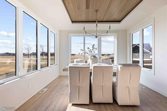 interior space with a tray ceiling, wooden ceiling, and a wealth of natural light