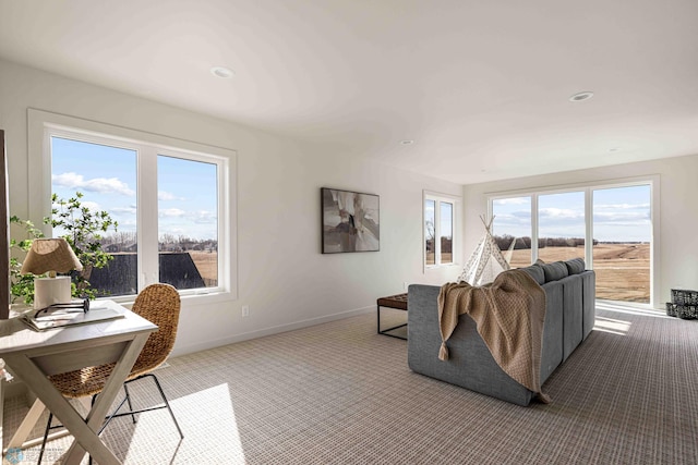 carpeted living area featuring baseboards and recessed lighting