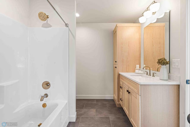 full bathroom featuring shower / bath combination, vanity, and baseboards