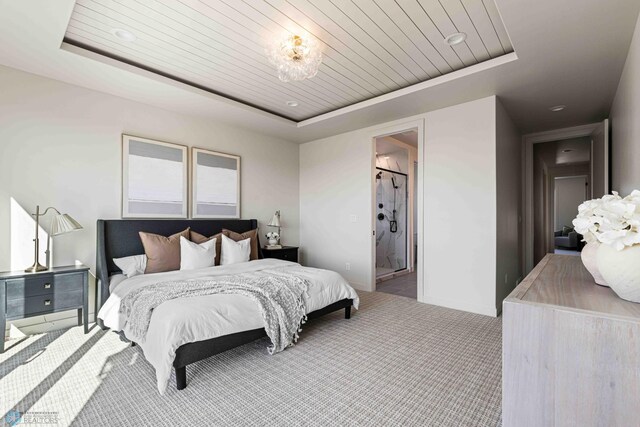 bedroom with baseboards, recessed lighting, a tray ceiling, carpet, and wooden ceiling
