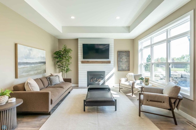 living room with light wood-type flooring, a tray ceiling, and a fireplace