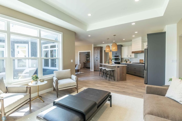 living room featuring light wood-type flooring, a tray ceiling, and sink