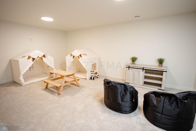 recreation room with light carpet