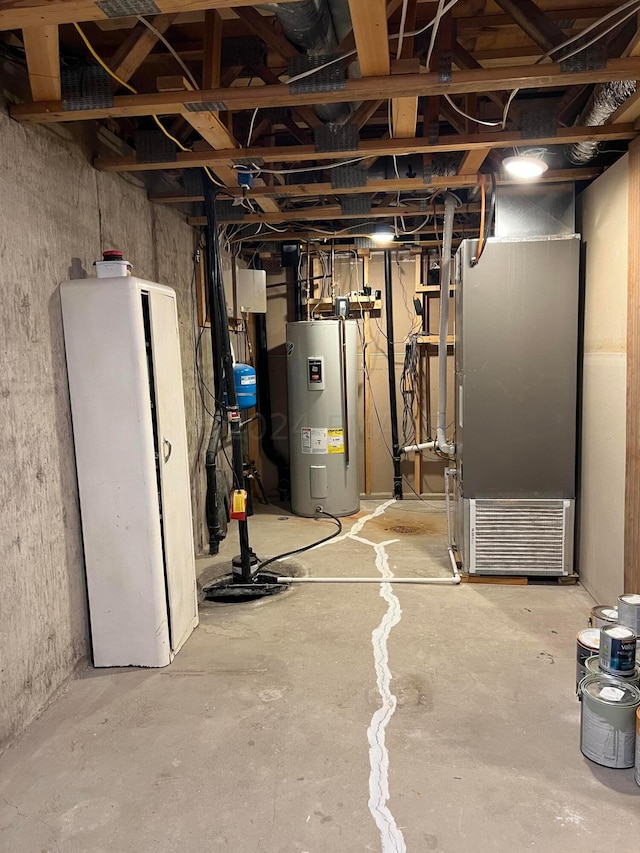 unfinished basement featuring electric water heater and heating unit