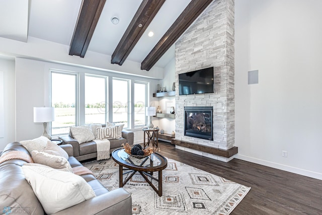 living room featuring high vaulted ceiling, a stone fireplace, dark hardwood / wood-style flooring, and beam ceiling