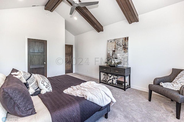 carpeted bedroom featuring beamed ceiling, ceiling fan, and high vaulted ceiling