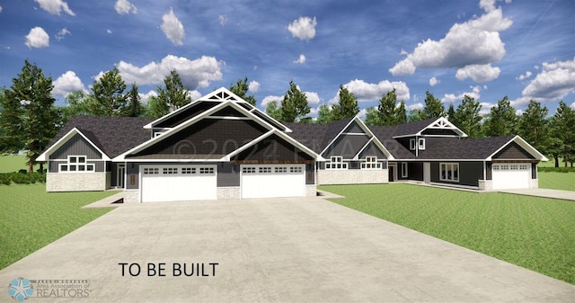 craftsman inspired home with a garage, stone siding, concrete driveway, and a front yard