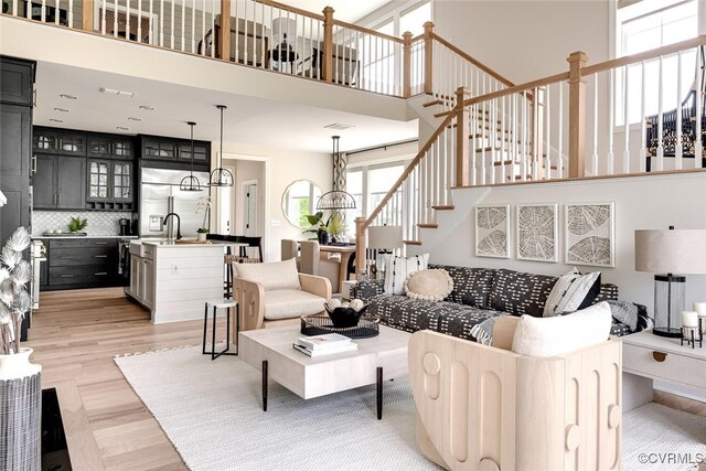 15913 Maclear Dr, Midlothian, VA 23112 - living area with a towering ceiling, stairway, and light wood finished floors
