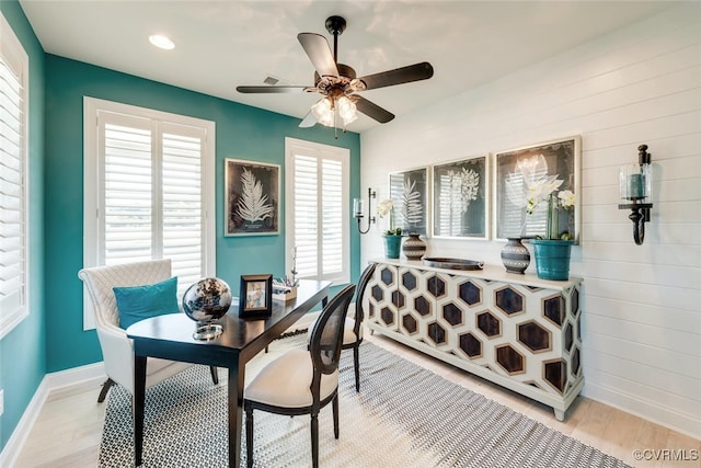 15913 Maclear Dr, Midlothian, VA 23112 - dining space with light wood-type flooring, a ceiling fan, baseboards, an office area, and recessed lighting