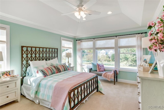 15913 Maclear Dr, Midlothian, VA 23112 - bedroom with a raised ceiling, multiple windows, light colored carpet, ornamental molding, and baseboards
