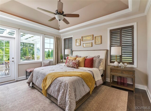 15913 Maclear Dr, Midlothian, VA 23112 - bedroom featuring a tray ceiling, ornamental molding, access to outside, and multiple windows