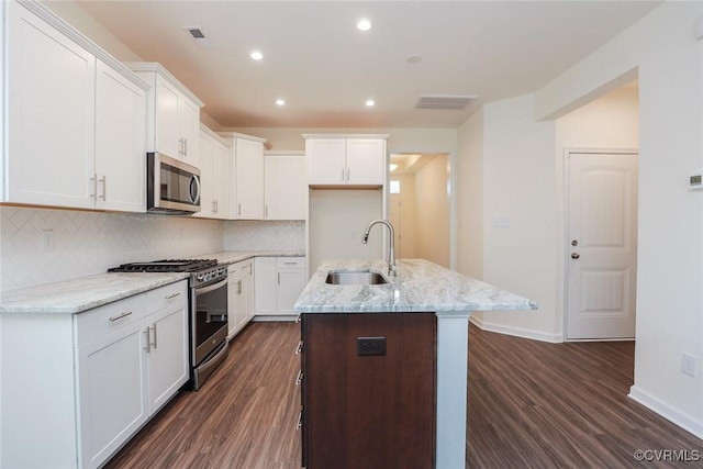 kitchen featuring sink, an island with sink, white cabinets, and appliances with stainless steel finishes