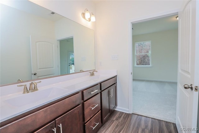 bathroom with vanity and hardwood / wood-style floors