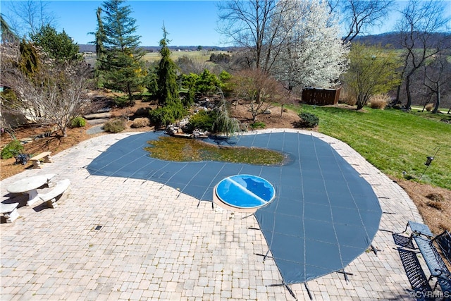 view of swimming pool with a lawn