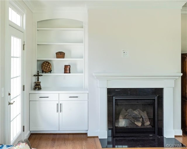 room details with a fireplace with flush hearth, wood finished floors, built in shelves, and ornamental molding