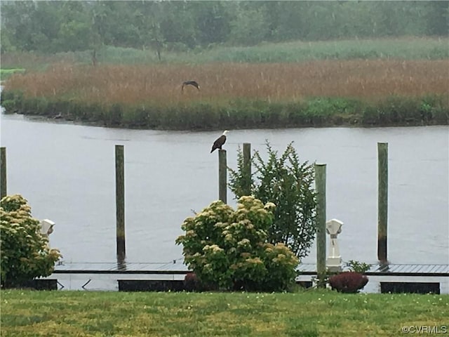 dock area with a yard and a water view