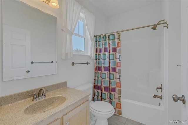 bathroom with shower / bath combo, vanity, toilet, and tile patterned floors