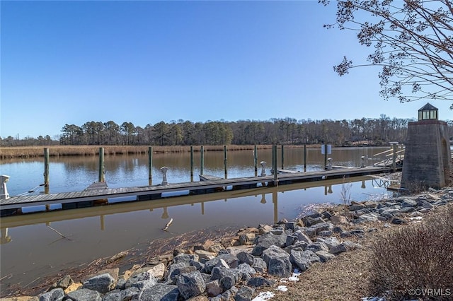 view of dock with a water view and a view of trees