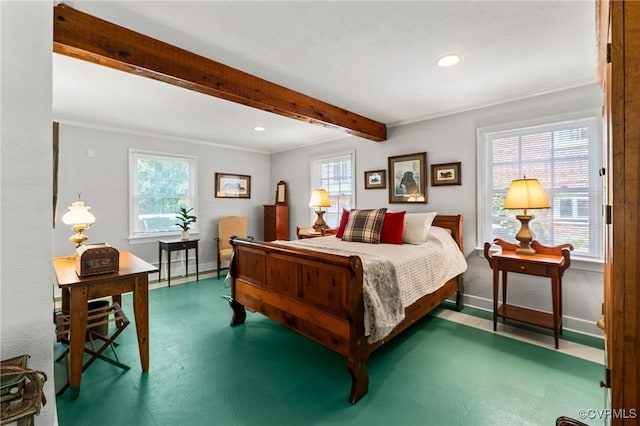 bedroom featuring tile patterned floors, baseboards, beam ceiling, and recessed lighting