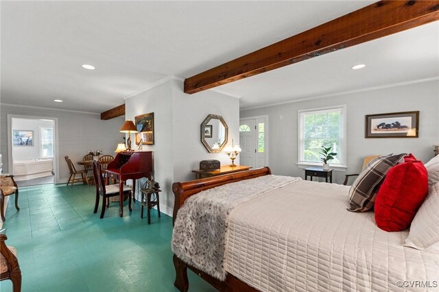 bedroom featuring beamed ceiling, recessed lighting, and ornamental molding