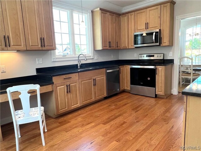 kitchen featuring appliances with stainless steel finishes, dark countertops, a wealth of natural light, and a sink