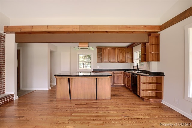 kitchen with light hardwood / wood-style flooring, black dishwasher, stovetop, and sink