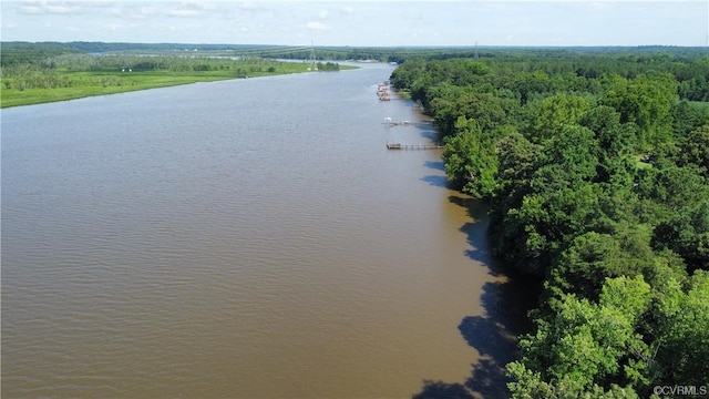 birds eye view of property with a wooded view and a water view