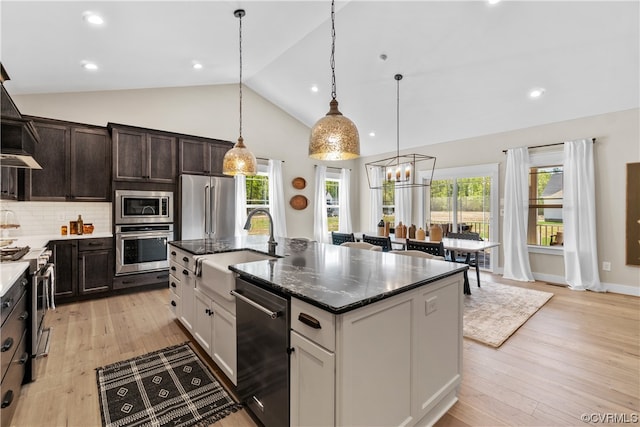 kitchen with high quality appliances, decorative light fixtures, light hardwood / wood-style floors, and a kitchen island with sink