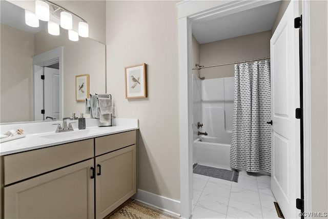 full bathroom with vanity, shower / bath combo, baseboards, and marble finish floor