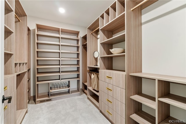 spacious closet featuring light colored carpet