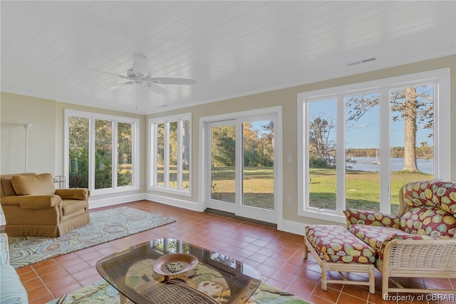 sunroom with a healthy amount of sunlight, wooden ceiling, and ceiling fan