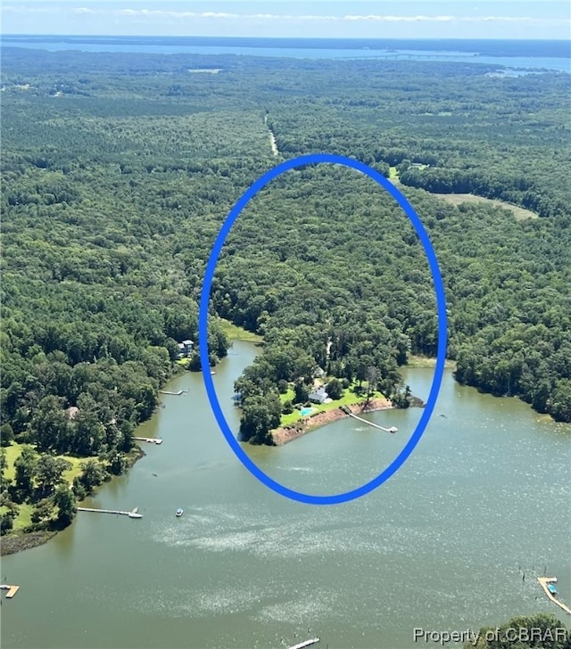 drone / aerial view featuring a water view