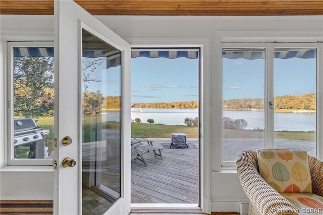 doorway to outside with a water view