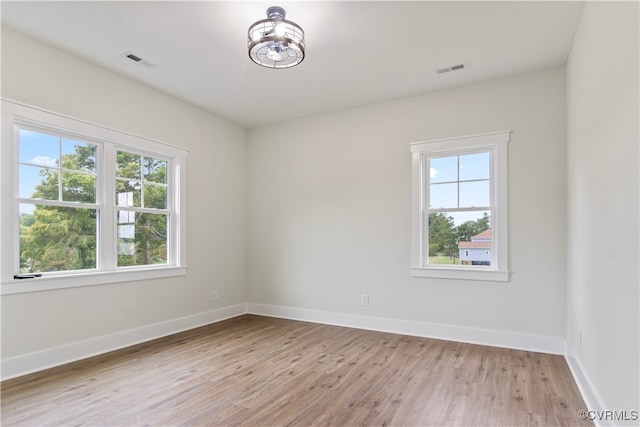 spare room featuring a wealth of natural light and light wood-type flooring