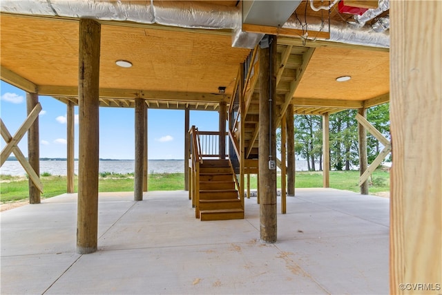 view of patio featuring a water view