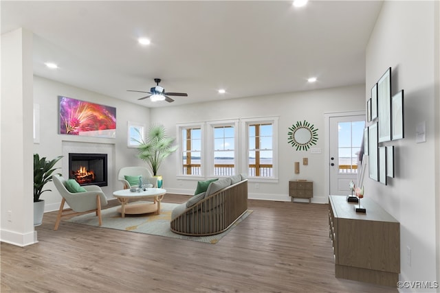 living room featuring wood-type flooring and ceiling fan