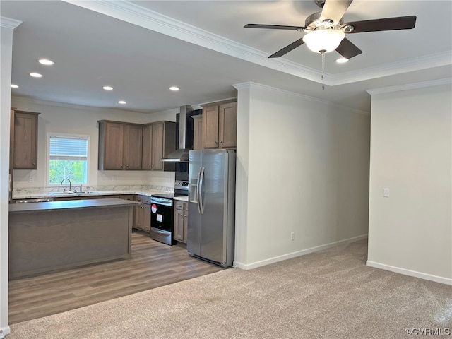 kitchen featuring range with electric stovetop, carpet flooring, wall chimney range hood, and stainless steel refrigerator with ice dispenser