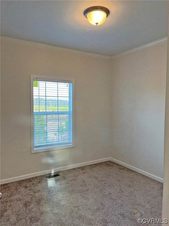 carpeted spare room featuring visible vents, crown molding, and baseboards