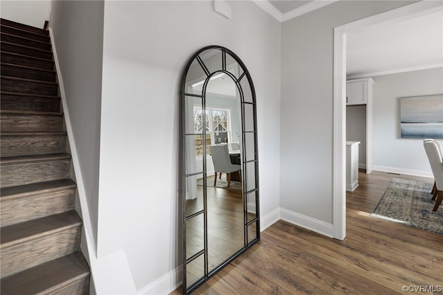 interior space with crown molding and dark hardwood / wood-style flooring