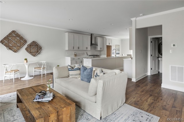 living room featuring wood-type flooring, sink, and ornamental molding