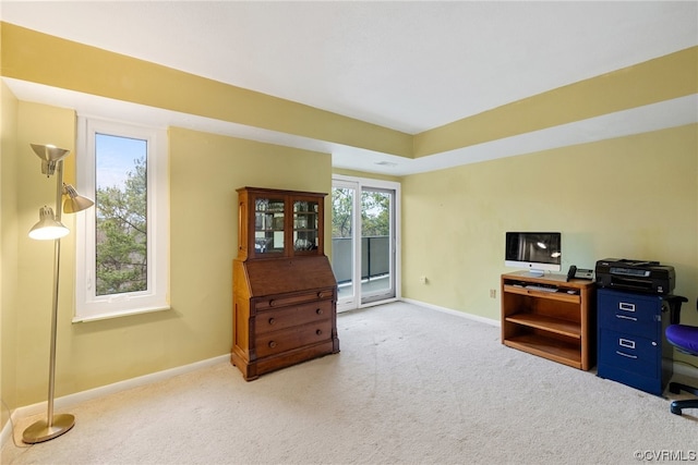 office area featuring light colored carpet